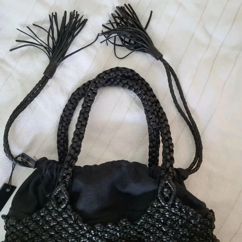 NWT $297 Martina Caponi Braided 2Way Hand Bag/Leather W Linen Black NEW … - Picture 12 of 13